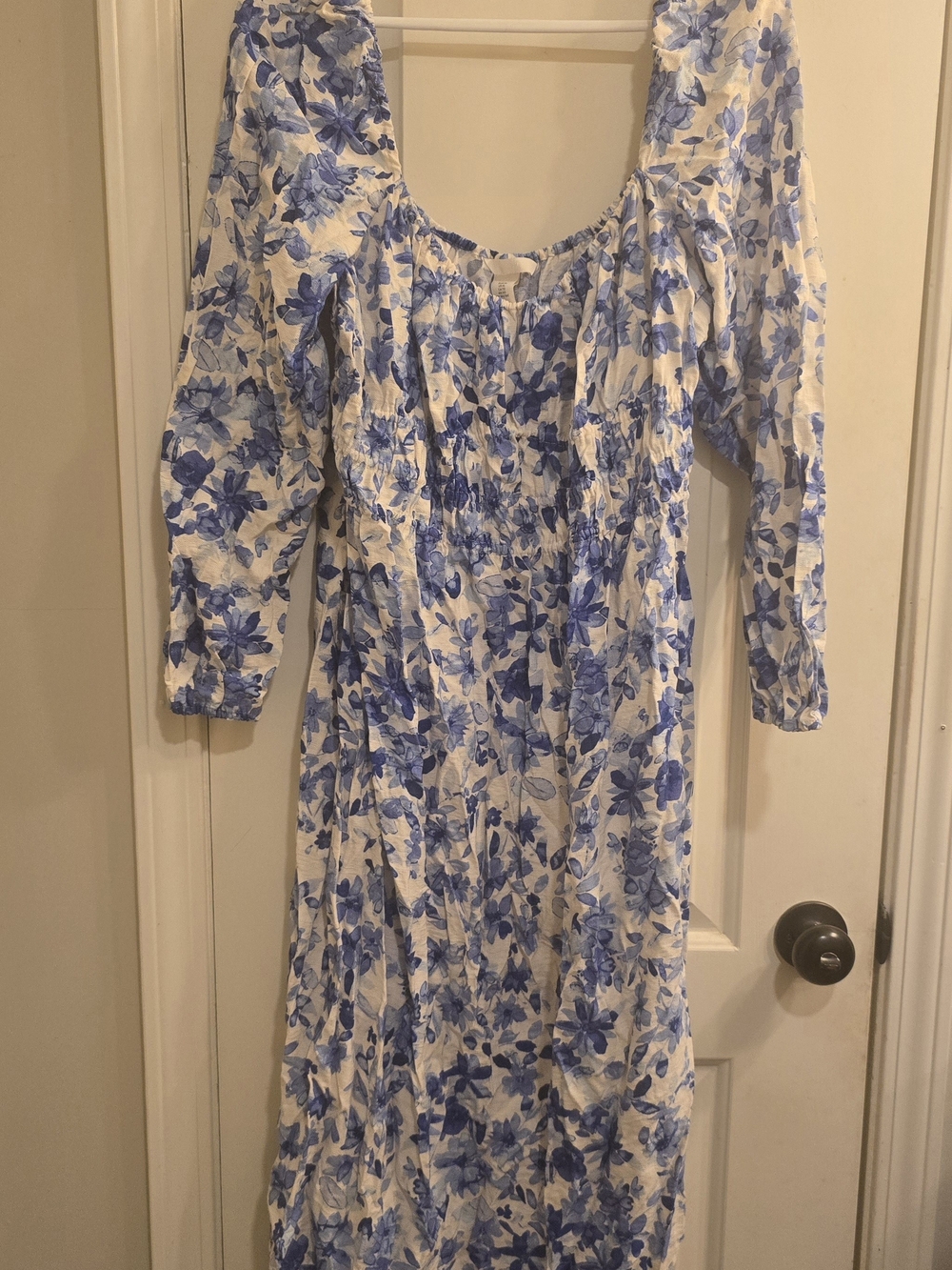 H&M White Midi Dress with Blue Floral Print